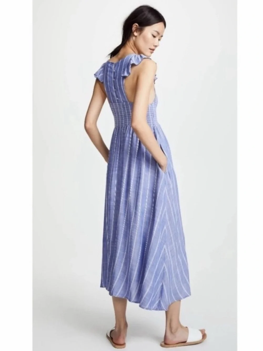 Free People Blue Striped Chambray Smocked Maxi Dress